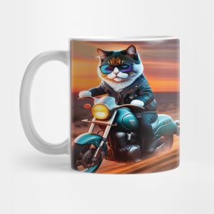 Cat with glasses riding a motorbike sunset Mug